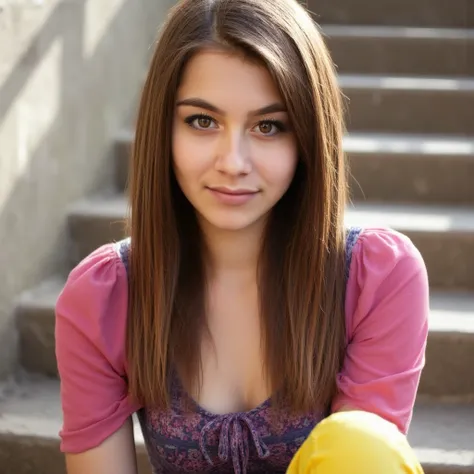  woman sitting on stairs . Has a pink blouse on. And a pair of yellow jeans. She also wears yellow shoes.   style photorealistic ,  sharp focus, very detailed, sunlight, Detail,  full body