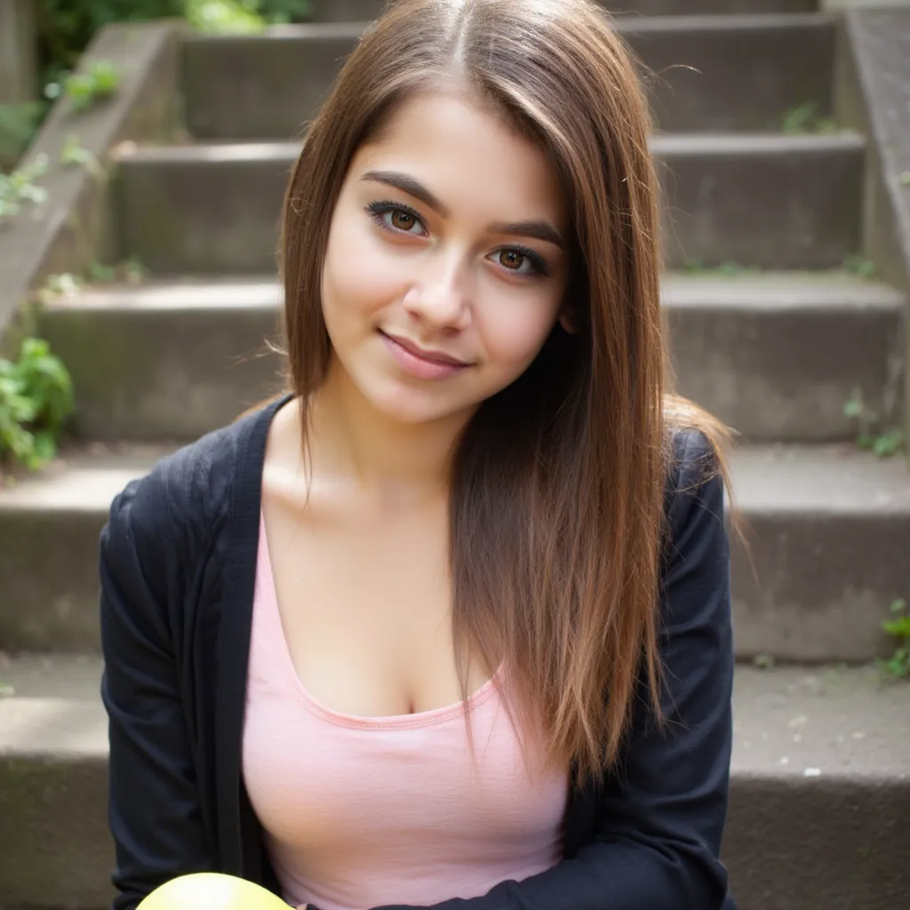  woman sitting on stairs . Has a pink blouse on. And a pair of yellow jeans. She also wears yellow shoes.   style photorealistic ,  sharp focus, very detailed, sunlight, Detail,  full body