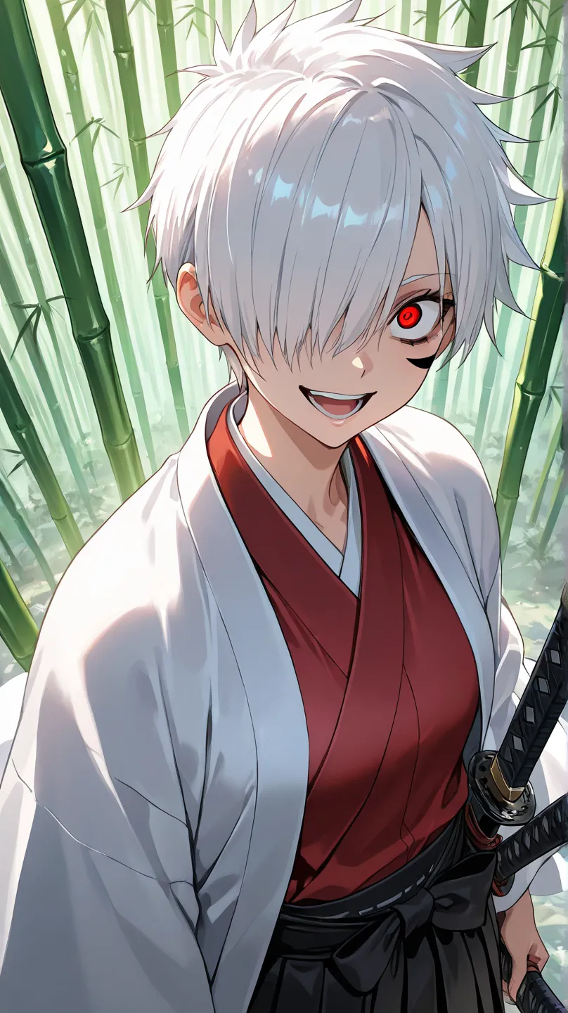 samurai ,
High quality ,  best quality , masterpiece,  High Resolution , anatomically correct,anime Coloring
1girl,solo, Cool woman, handsome woman, beauty in men's clothing
white hair,very short hair, handsome hair,spiked hair,,red eyes, hair over one eye...