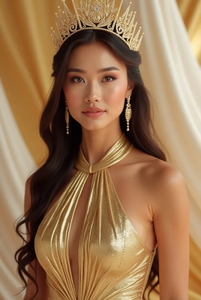 a woman in a stunning gold metallic gown that glimmers elegantly. The dress has a halter neckline and a fitted silhouette, accentuating her figure. She is wearing a golden crown-like headpiece with intricate details, complementing her overall regal appeara...