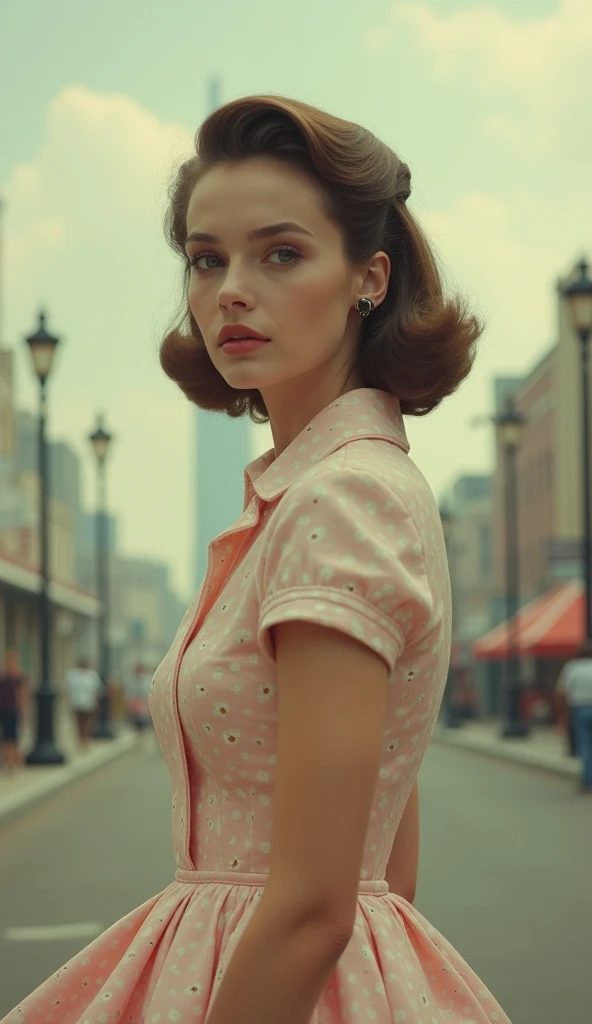 1. "A vintage fashion portrait of a woman in a 1950s dress, soft pastel colors and a retro city backdrop. Shot with an 85mm prime lens (f/1.4) for a dreamy, nostalgic effect. Cinematic 16:9 framing."