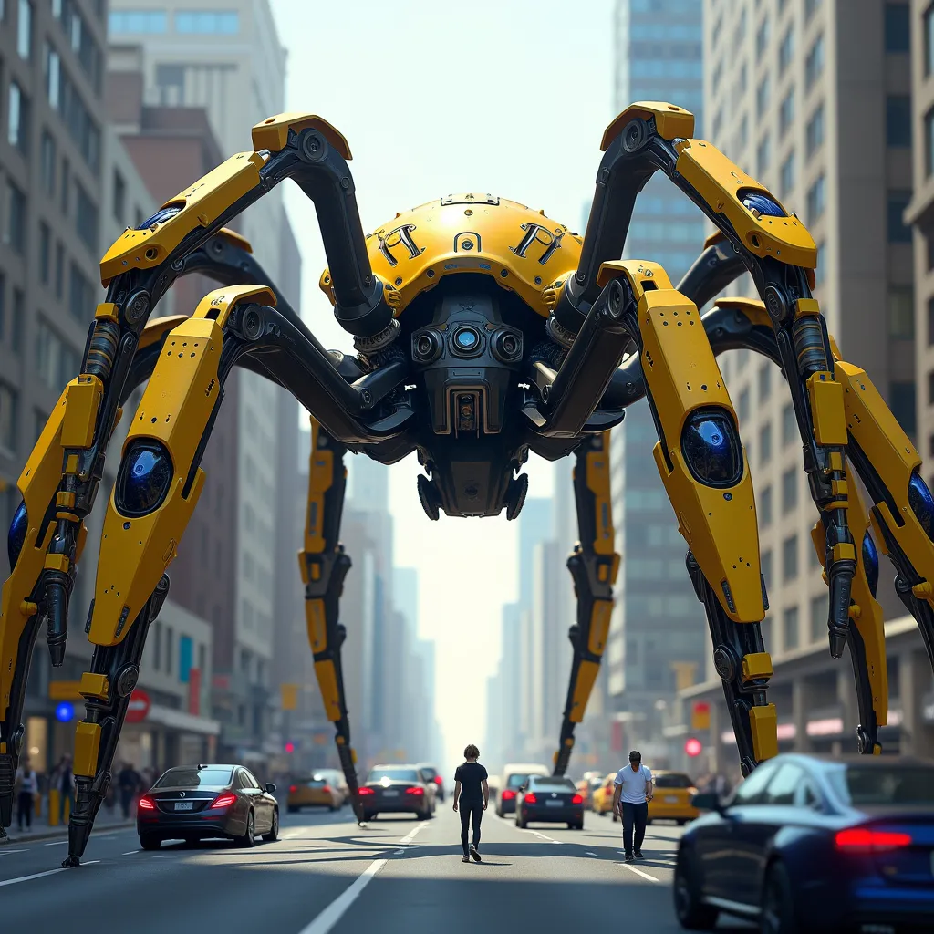 Make image realstic A real Giant Robot Spider with Wolvering's Yellow and Blue color costume design. Natural Spider animal style. traffic jam In the City and many people walking in the road