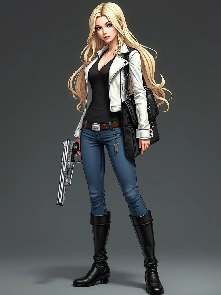 With the animation of Resident Evil, a woman with long wavy platinum blonde hair,   light leather balcony, dark blue eyes, wearing jeans, a black blouse showing the neckline and on top of that she wears a white leather jacket, he wears knee-high boots with...