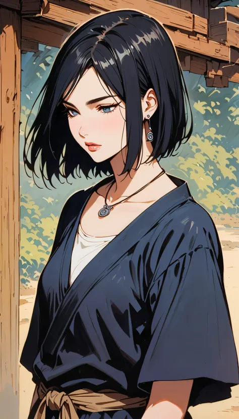 vintage movie, girl, short hair, navy hair, straight hair, woman body, cute necklace, cute earrings, ((dressed like hyuuga neji from naruto))
, hyuga clan, shinobi village, konohagakure, (((perfect lips))), perfect hair, looking down, shy, melancholic, ((y...