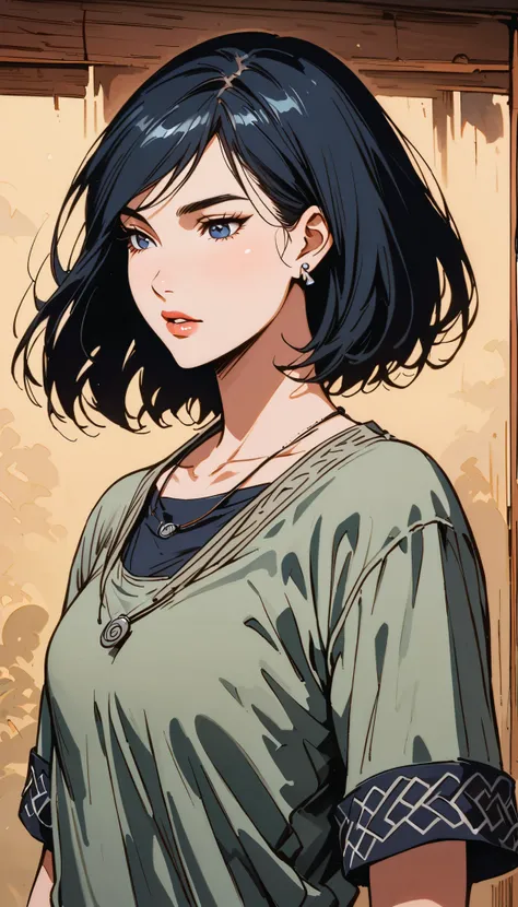 vintage movie, girl, short hair, navy hair, straight hair, woman body, cute necklace, cute earrings, ((dressed like hyuuga neji from naruto))
, hyuga clan, shinobi village, konohagakure, (((perfect lips))), perfect hair, looking down, shy, melancholic, ((y...