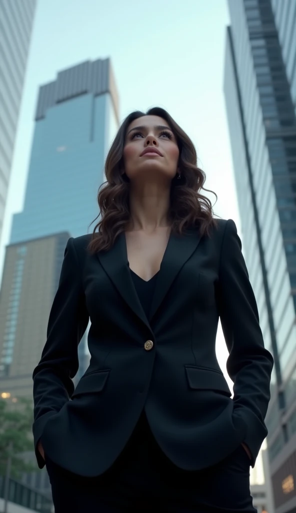 1. "A confident businesswoman in a sleek black suit, standing in front of a glass skyscraper, looking towards the future. Shot with an 85mm prime lens (f/1.4) for a sharp, professional look. Cinematic 16:9 aspect ratio."