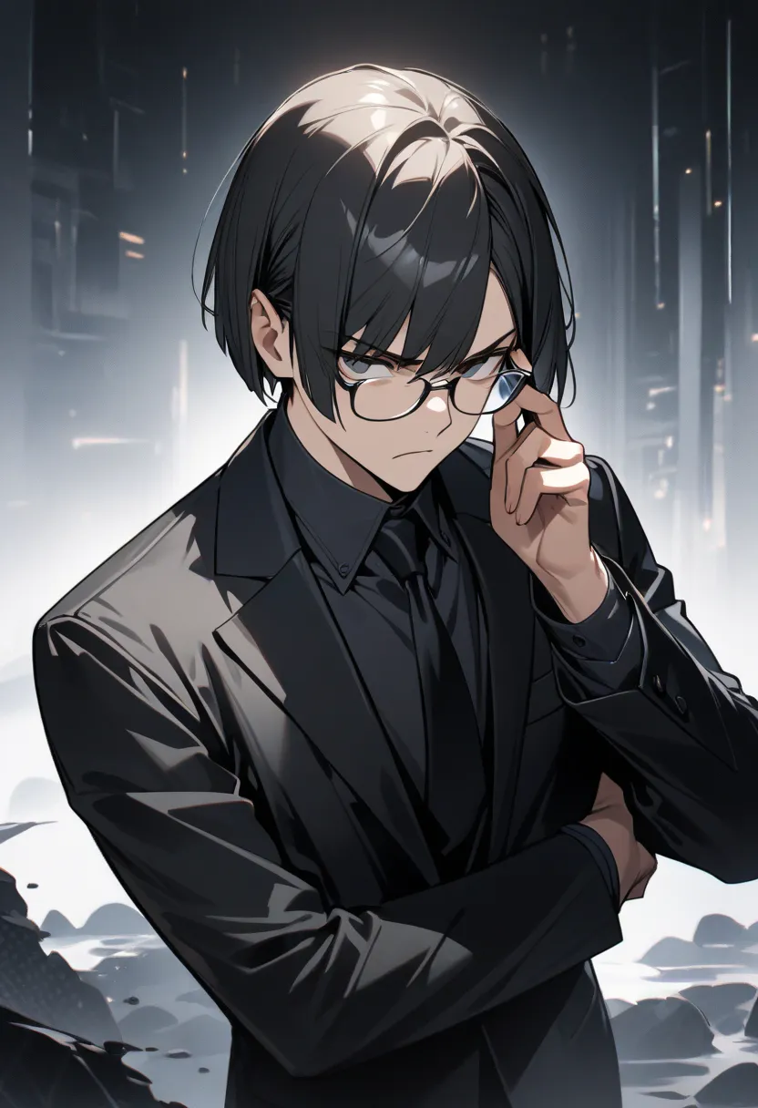 ultra high definition, High Resolution, High Resolution, Highest quality,  handsome　illustrations,  male　Glasses,　 expressionless, white background,  black suit, put on glasses, A man who seems serious, Stand with good posture, bob cut, short hair, Glaring...