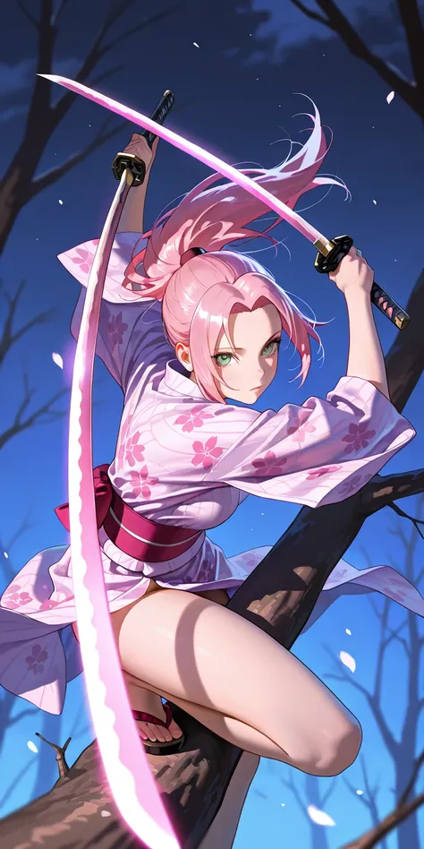 Masterpiece, newest, vibrant, very aesthetic, high contrast, mature woman, sakura haruno, light green eyes, pink hair, high ponytail long hair, pink thight yukata (blue floral motif), naked underneath, clogs, full body, expressionless, sharp eyes, squat on...