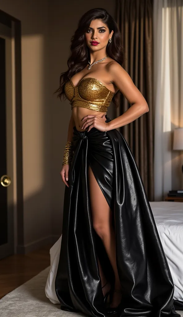 Full body photo of PriyankaChopraFlux wearing black shiny leather saree and high pump heels and golden leather Blouse, giving strict mistress pose inside modern bedroom of high rise apartment, seductive behaviour looking at camera with lusty horny expressi...