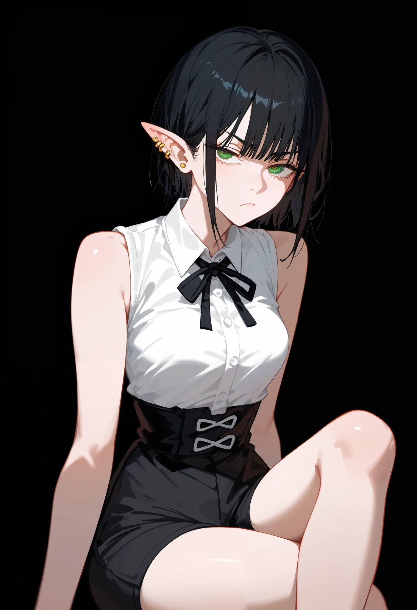 Anime,girl, elf ears , black hair, in dark green eyes, short hair ,thin, Sleeveless Waistcoat,Ear Piercing, small waist ,thinเพรียว,thinบาง,White skin,Bored of the World , dark edges,black background,Lazy ,student,Fierce face, Chainsaw man,fujimoto art,Rou...