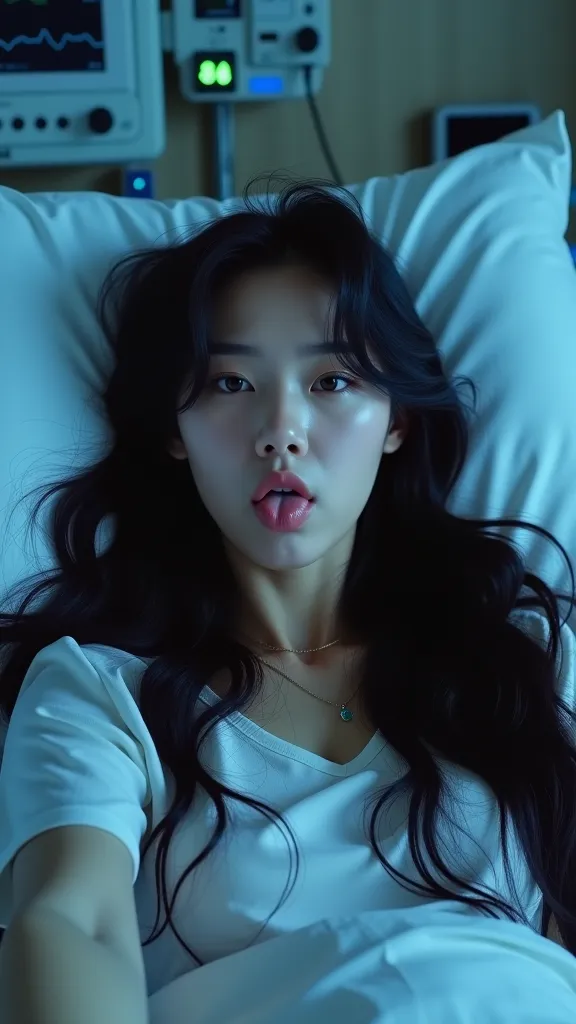 A  beautiful young Korean idol woman with long, wavy black hair is lying in a hospital bed at night, in a dimly lit hospital room. The only light comes from a faint glow outside the window and the soft illumination of medical monitors. She is playfully sti...