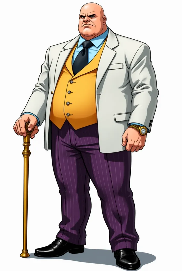 Marvel comics the kingpin wilson fisk, tall bara male wuth wide shoulders, muscular with pot belly, bald head with clean shave, white suit with purple stripped trouser,inner light blue shirt, yellow waist coat, golden wrist watch and expensive diamond and ...