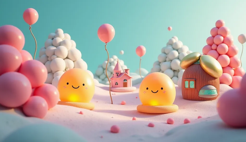 Wide shot, eye-level view, soft focus + Luminescent creatures resembling glowing orbs with simple, smiling faces + Drifting gently through the air, radiating soft, warm light + A playfully simplistic dreamscape constructed entirely of party balloons; house...