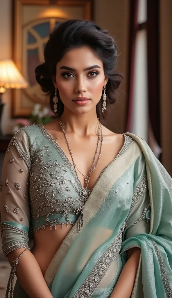 Create a high-resolution image of a beautiful woman wearing a gre and silver saree. The saree should be styled to highlight her cleavage and midriff. She should have a confident pose, looking straight at the camera, with the intricate details of the saree ...