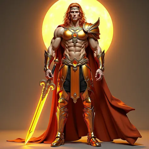 Make a 3d full body hyper photorealistic character of the hero. incredibly handsome and extremely muscular body builder with narrow waist and big muscular legs and big well rounded buttocks. Wearing small crown band. Medium length reddish blond loose curly...