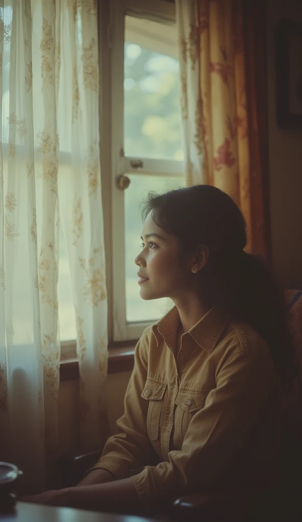 1980 film still. A malay woman is smiling at the window