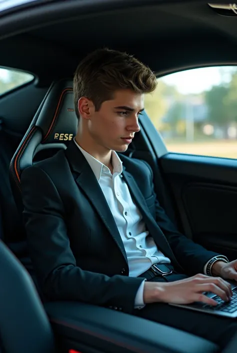 Rich age boy trading on his laptop in a Lamborghini 