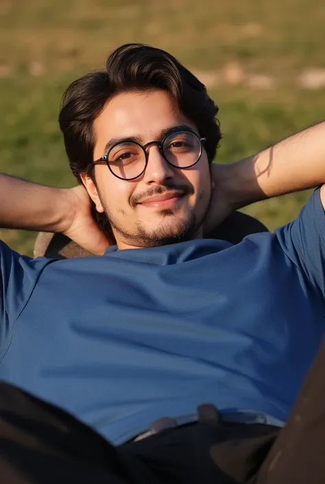 A stylish young moroccan man with a relaxed posture, with a square shape face, dark brown hair, dark brown eyes, with goatee, wearing black round glasses, smiling, reclining on a black metal chair in an outdoor setting with grass ground. He wears a blue t-...