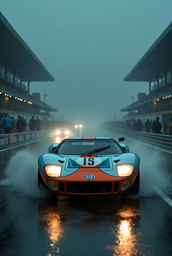 ford gt 40 LeMans 60s raceway racer retro vintage race raining night reflections and fog diffuse light