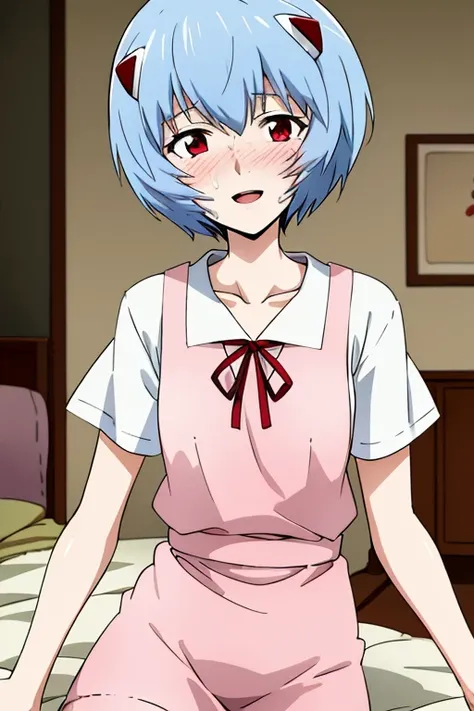 ((Highest quality)), ((masterpiece)), (be familiar with), perfect face, indoors, bedroom, watching viewers,
One woman, Rei Ayanami,
open mouth, facial cum, blush, smile,
 small tits, flat chest, Young girl,  lori,  ,  girl,
Short Hair, short hair,
 open,