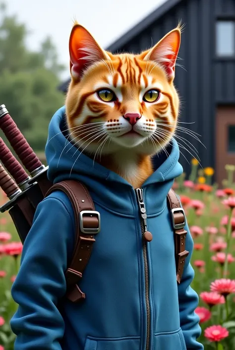 A peanut brown cat in hyperrealism. The cat has eyes brown like chocolate, and the cat is also wearing a cyan blue hoodie. In the background there is a black house and a garden full of flowers. Katten har också blommor på huvudet. On his back, the cat has ...