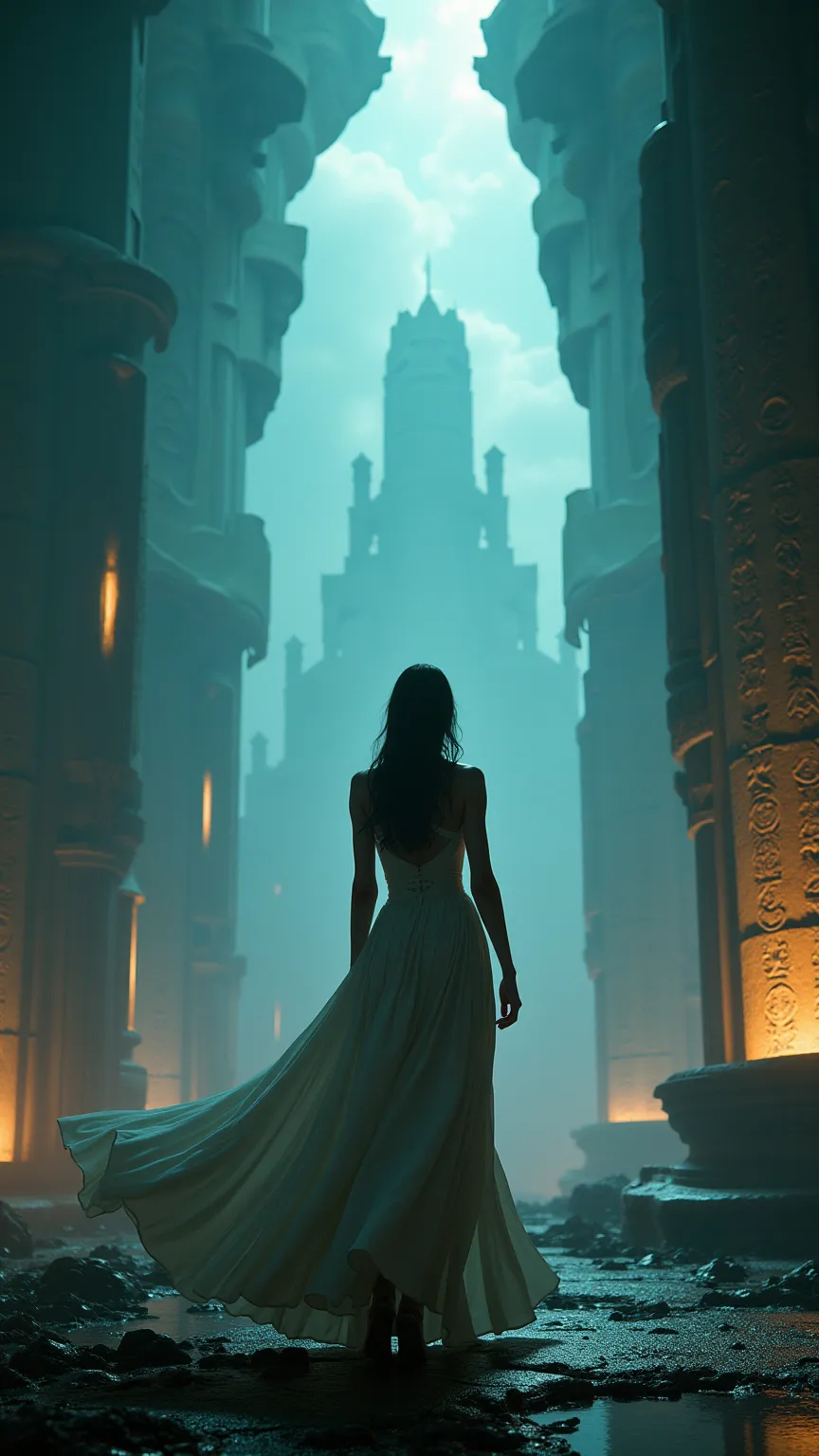 elegant woman, futuristic explorer, flowing high-fashion attire, exploring an alien world, floating monoliths, mysterious energy, surreal atmosphere, dreamlike lighting, intricate alien architecture, glowing glyphs, Remedios Varo inspired, sci-fi fantasy, ...