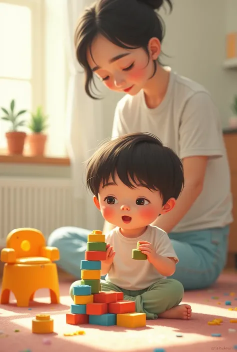 "Illustration of a  sitting on the floor, playing with building blocks, while looking at a colorful potty on the side. The mother stands in the background , watching with a smile."