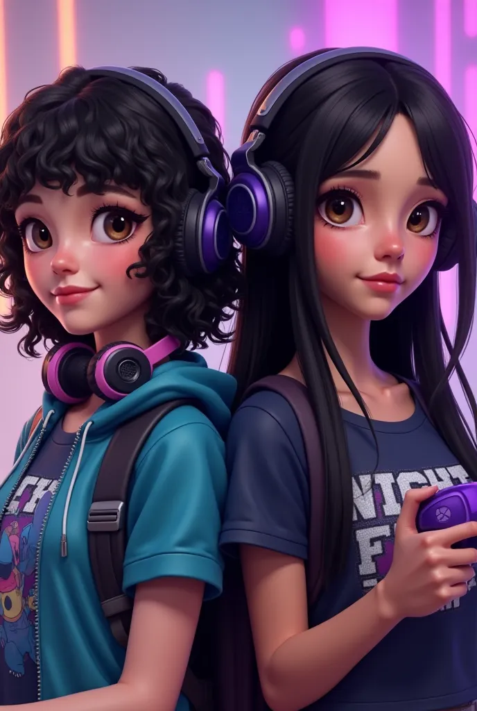 Two free fire gamer style s together side by side, One has medium curly hair and is colored black, this one has a Stitch earphone around her neck and she is wearing a Stitch, The color of the eyes are brown. The other one has long straight hair and is colo...