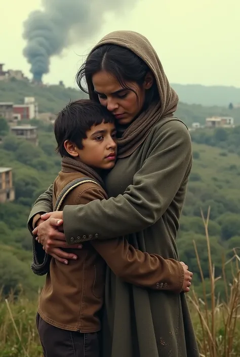 An image about the Palestinian countryside during the war. The mother protects and cuddles her 
