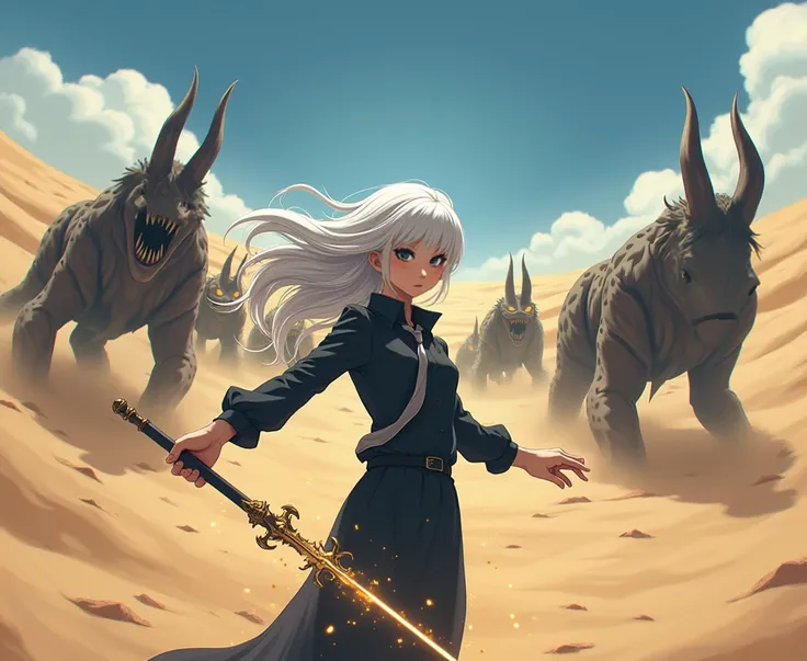 Anime picture. A white-haired girl witch wearing a black shirt, tying a tie, holding a magic wand, fighting monsters in the desert