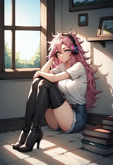 score_9, score_8_up, score_7_up, score_6_up, score_5_up, score_4_up, source_anime, 1woman, sexy face, sit, pink hair, long hair, white eyes, croosed legs, messy hair, white shirt, jeans shorts, black thigh high boots, heels, day, windows, beautiful view fr...