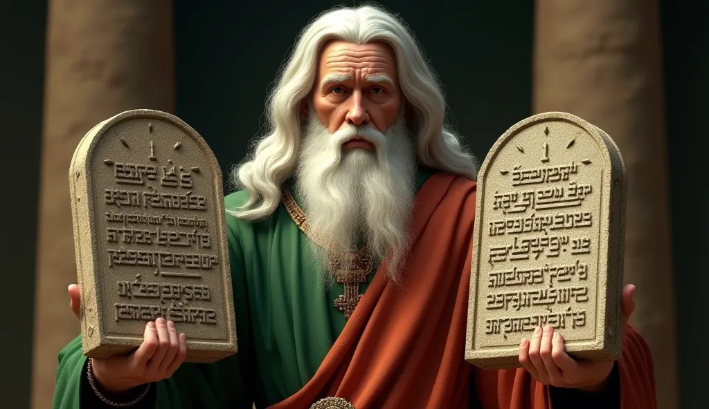 God with beard and white hair with (2) two large stone tablets of the Ten Commandments written in Hebrew. forest green tunic, with a red terracotta band, details about the stone in Hebrew . Front plane scene, invoking supreme power, force and reverence.   ...