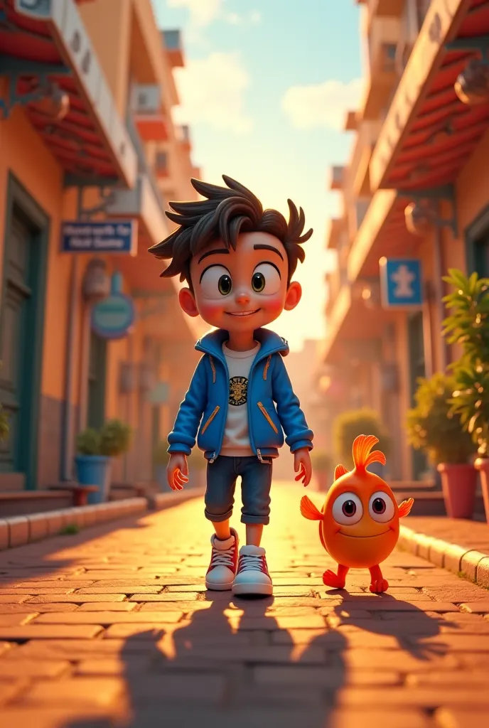  boy,fish with curly hair cut very low,wearing Sonic clothes walking down the street,the image comes to life and animation with the image of light brown