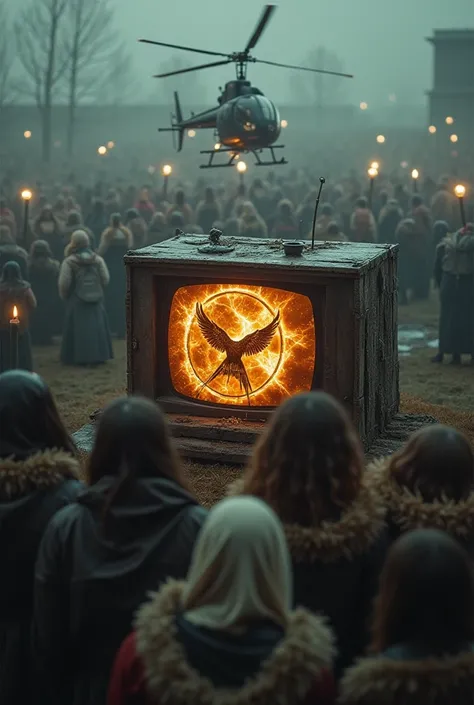 ( people of all ethnicities are in cage ) ( cage is outdoors ) ( people of all ethnicities are wearing poor clothes ) ( "hunger games " logo is showing by big tv  which is golden bird in colden circle ) ( tv is outdoors ) ( big tv is staying near cage in w...