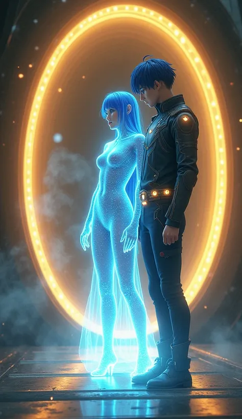 Here is a prompt optimized to generate a similar image but with the full legs of the hologram girl:  

---

**prompt:**  
A futuristic scene with anime aesthetics shows a young man with blue hair, serious expression and dark clothing with bright details. H...