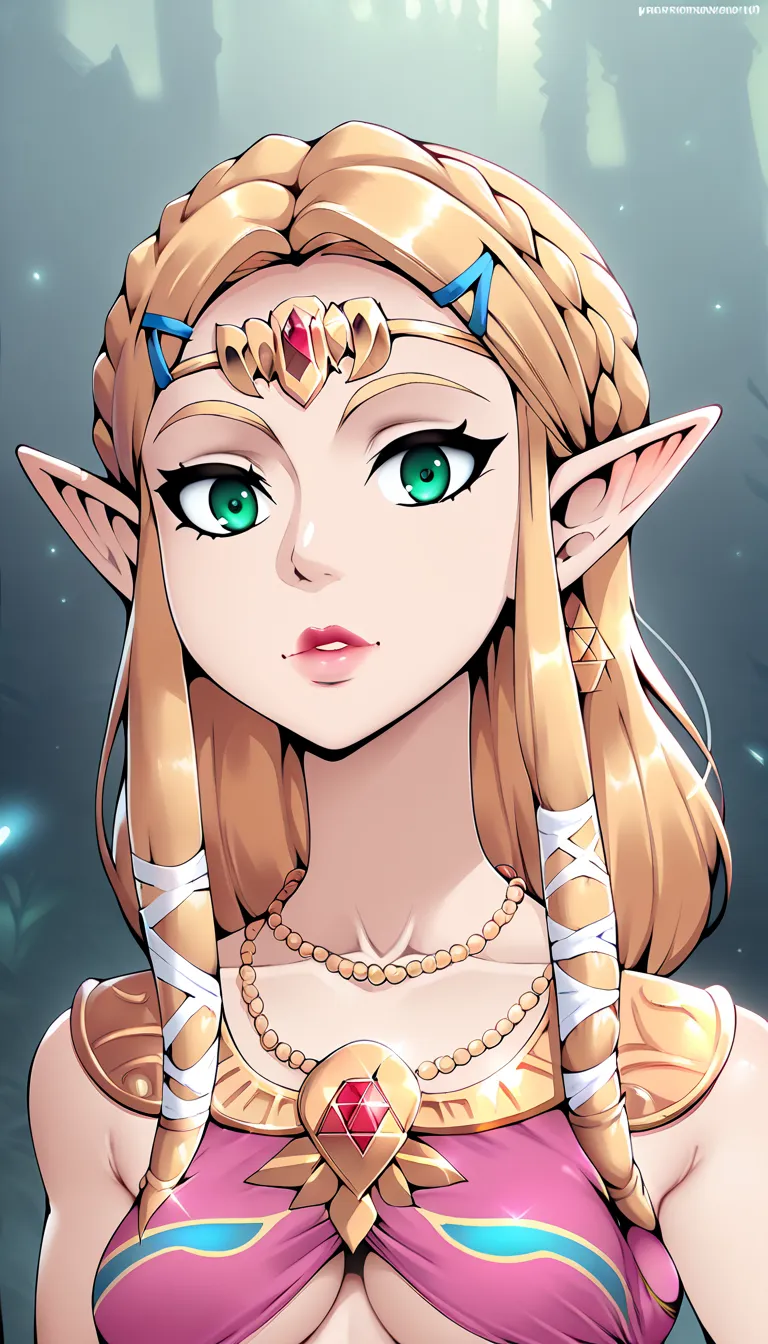  score_9,  score_8_high,  score_7_high,  score_6_high, geewhy_silent,  princess Zelda ,
 1 girl, Alone, looking at the viewer,  Gold, braided ponytail ,   green eyes,  blonde hair,  pointed ears,  fair-skinned woman , makehigh, lipstick,  Necklace,  underb...