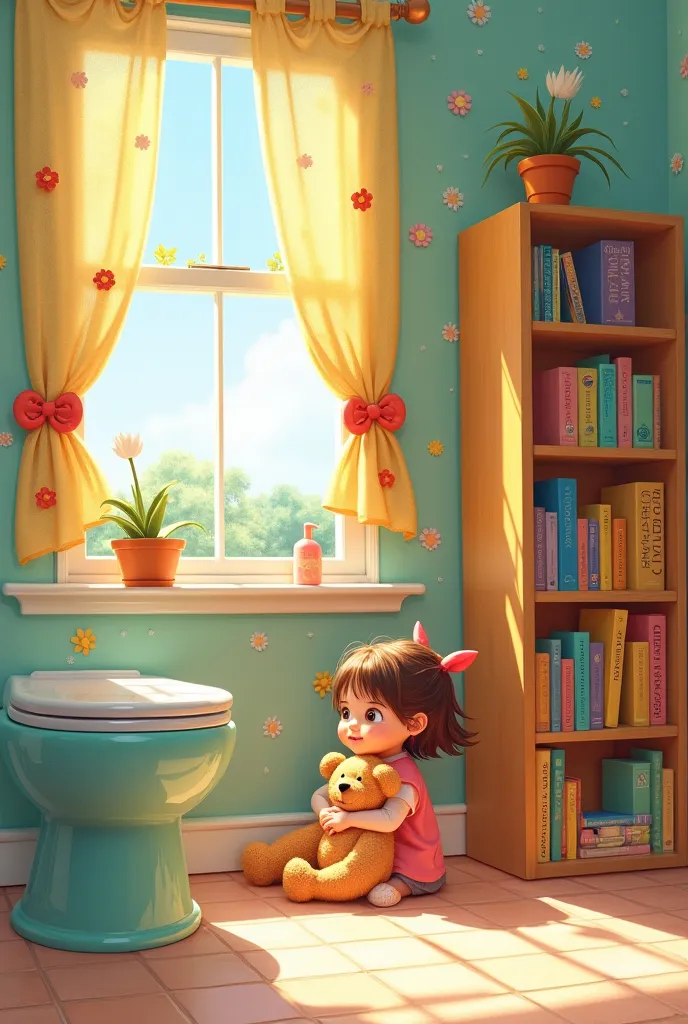 "Illustration of a bathroom with a colorful potty on the floor, a bookcase with books about unfurling and a window with flowery curtains. The  is next to, holding a teddy bear.