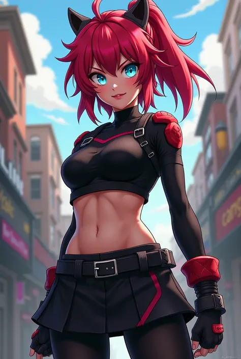 Make a female character like the anime MY HERO ACADEMIA ,  red hair ,  blue eyes, cropped preto, knee-length black tights and a black skirt 