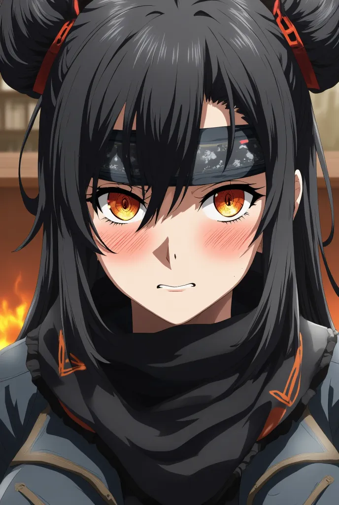 girl,19 years old, Criminal,badass and cool look,she has bun blac hair and orange eyes,her face Is covered by a black bandana mask,  Anime style