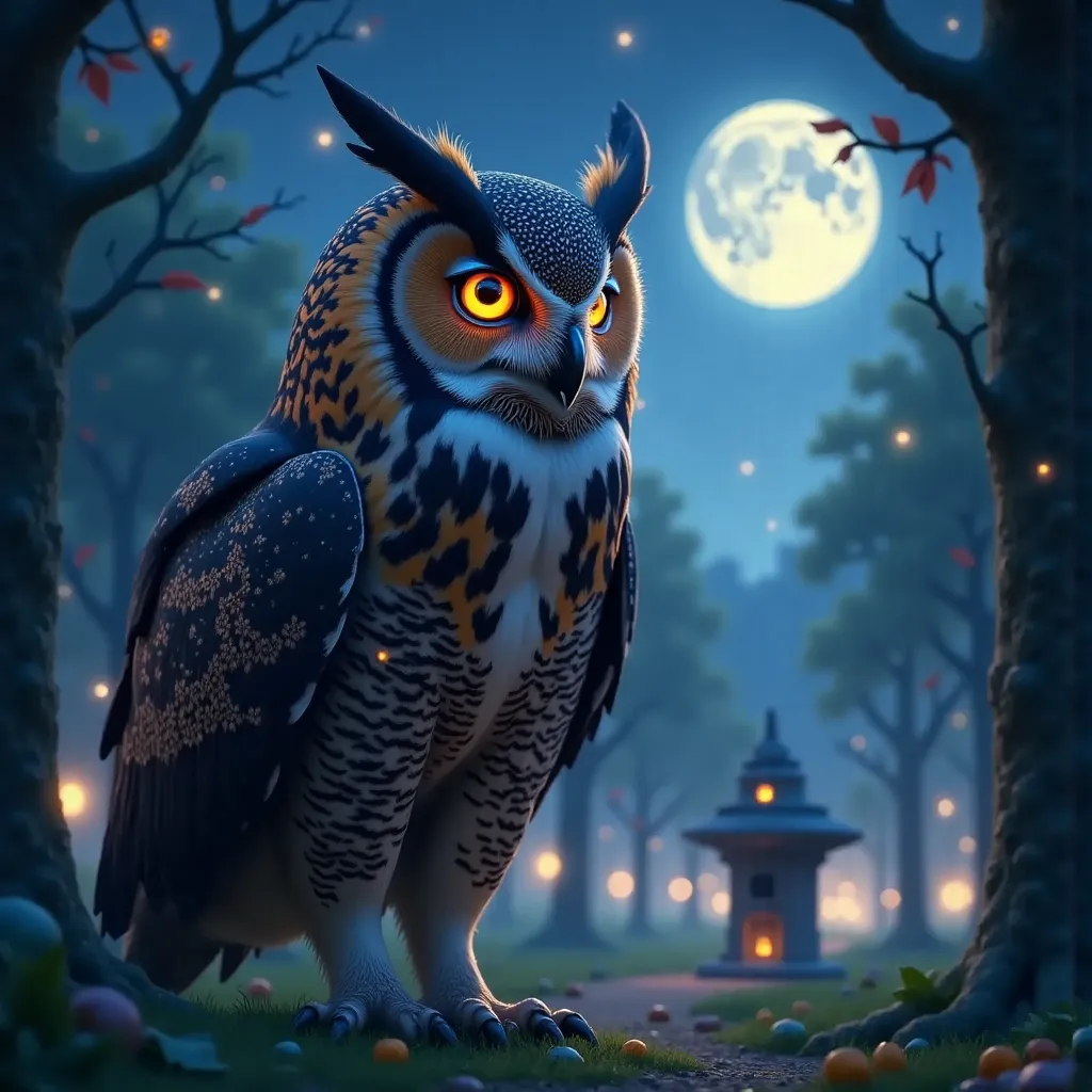 A majestic eared owl with dark feathers and glowing, mystical eyes. radiating a mystical aura. The background is a night forest illuminated by a starry sky and a bright full moon, bringing a spiritual and enigmatic atmosphere,  power and mystery 