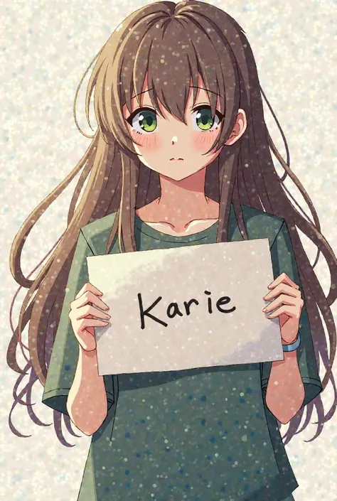 Avatar for channel, cute anime, girl with pale white skin and brown long hair, green eyes, casual without smile, With a sign in hand, The sign says: Karie, another style 