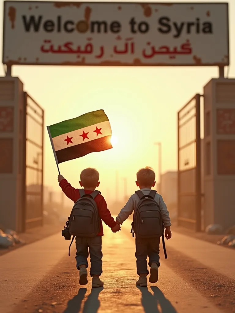 **"A highly detailed and realistic digital image of two young boys, aged 4 and 3, seen from behind as they walk hand in hand through a wide border gate from Turkey into Syria. They have short blonde hair with a gradual fade on the sides. They wear casual y...