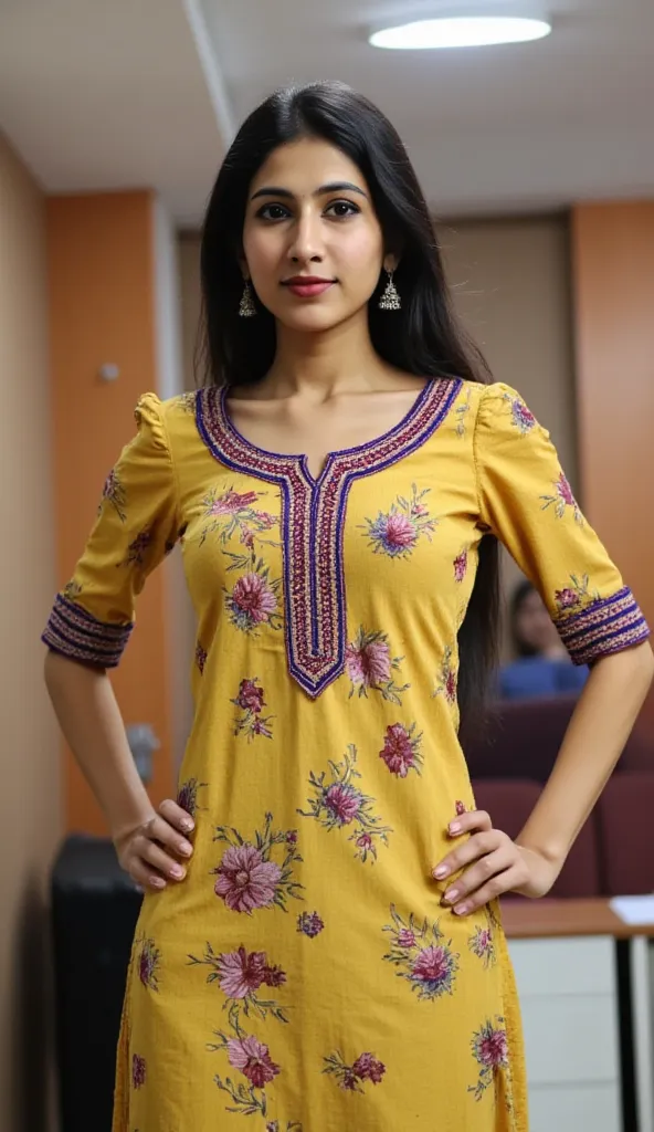 Young indian girl wearing a ethnic kurta and standing in office cabin, detailed face, looking at viewer, High Resolution, 16K, High Resolution, Masterpiece, Anatomically Correct, Award Winning, Textured Skin, Realism, (full body portrait)