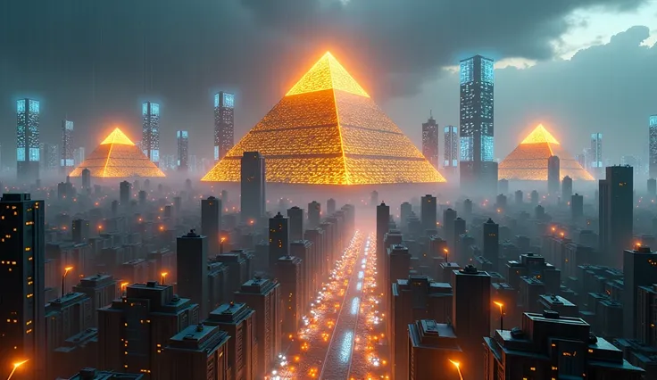 Realistic sci-fi 3D style: A futuristic Cairo skyline where pyramids hover as energy reactors, pharaoh holograms oversee the city, and neon hieroglyphs pulse with data streams.
•	Color palette: Neon gold pyramids, cyberpunk city blues, holographic pharaohs...