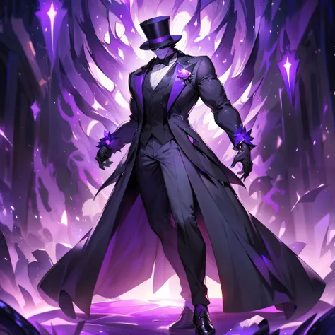 Make a HASHIRA, with a top hat, magical, Purple aura, witty smile , muscle, Suit 