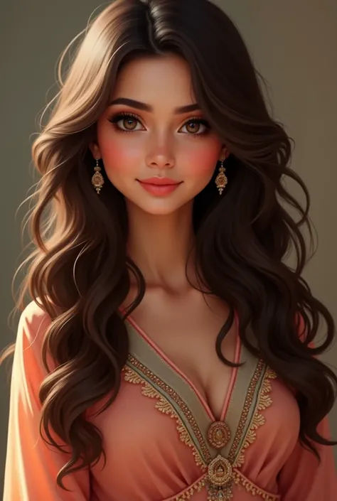 

"Create a realistic image of a 23-year-old Pakistani girl with fair skin, dark brown hair, and expressive brown eyes. She has a cute and charming expression, with a soft smile and slightly flushed cheeks. Her hair is styled in loose waves, framing her ov...