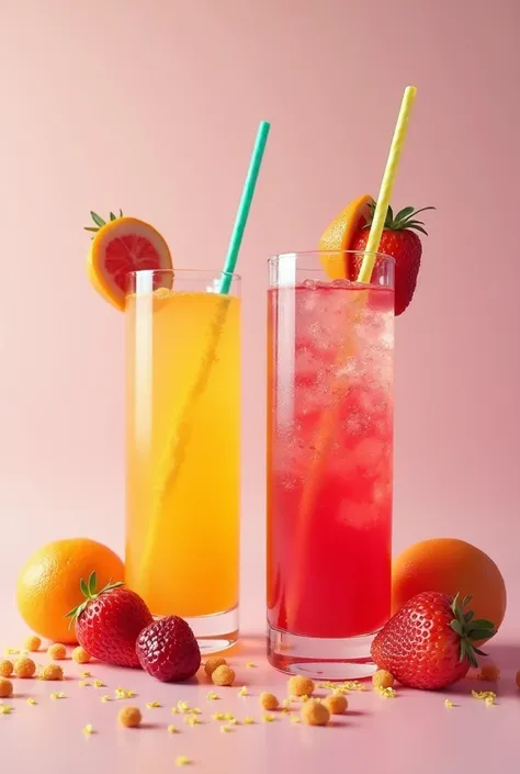 Realistic image of two transparent cocktail glasses decorated with a colorful straw and fruits clashing for a cocktail advertisement