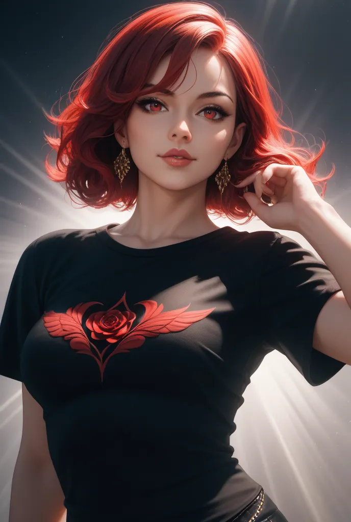 A waifu with medium-dark red hair, Hair with a slouch from the right side,  red eye , black t-shirt showing shoulders, Background of your choice 