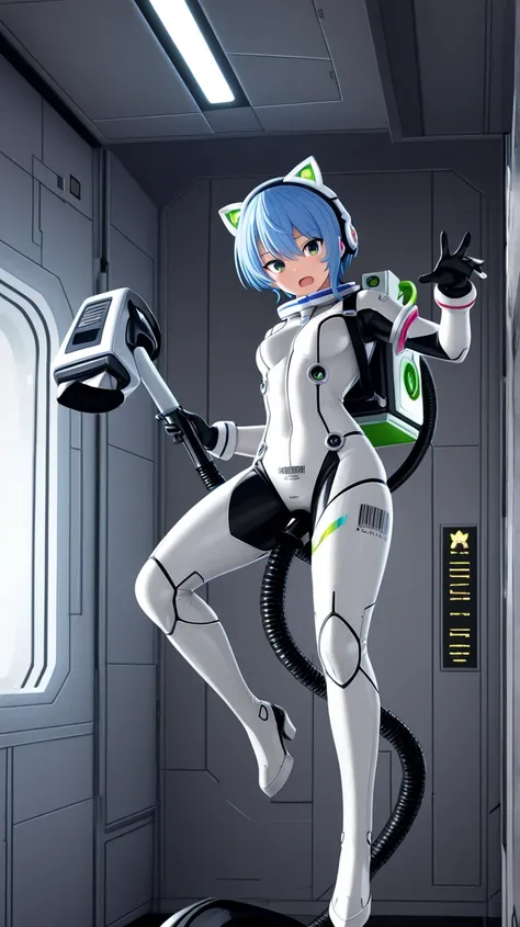 1girl,light blue hair,short hair,green eyes,solo,she in white sleek bodysuit with black joint and gray joint accents,floating midair in zero gravity,from front view, looking at the viewer with a flustered expression,open mouth,wide eyes,wearing cat-ear hea...