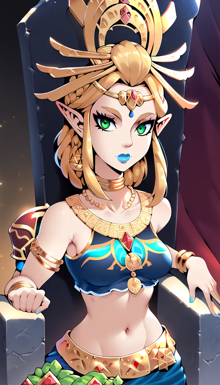   score_9,   score_8_high,   score_7_high,   score_6_high, geewhy_still,   Zelda,
  1 girl, Alone, gaze at the viewer,   jewelry, Gold,  braided ponytail ,     green eyes,   blonde hair,   pointed ears,   fair-skinned woman  , makehigh, lipstick,   necklac...